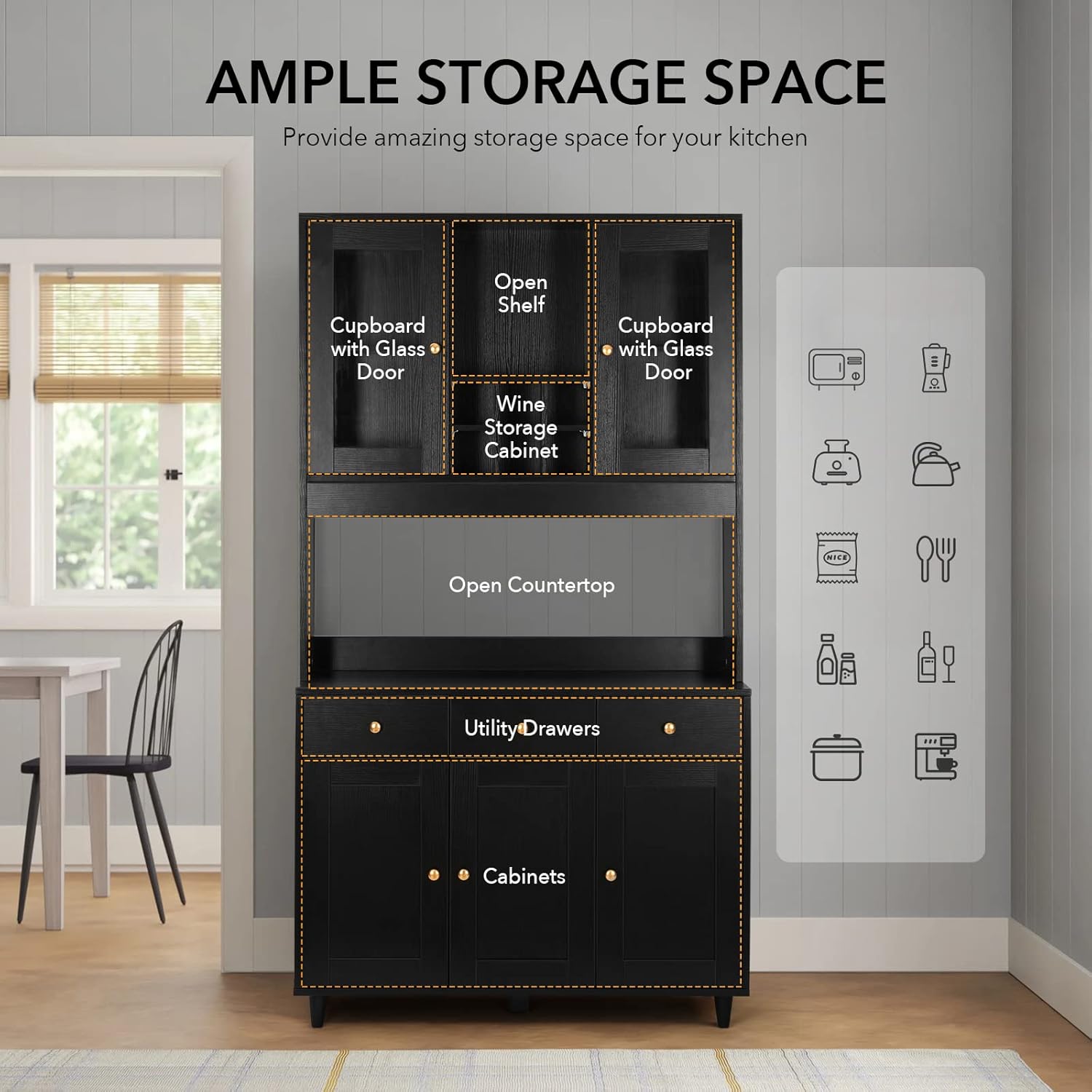 VOWNER Armario Aparador Cocina/Buffet, 100L x 38W x 181H cm, Mueble Auxiliar de Almacenaje, 5 Puertas y 5 Baldas Ajustables, Blanco