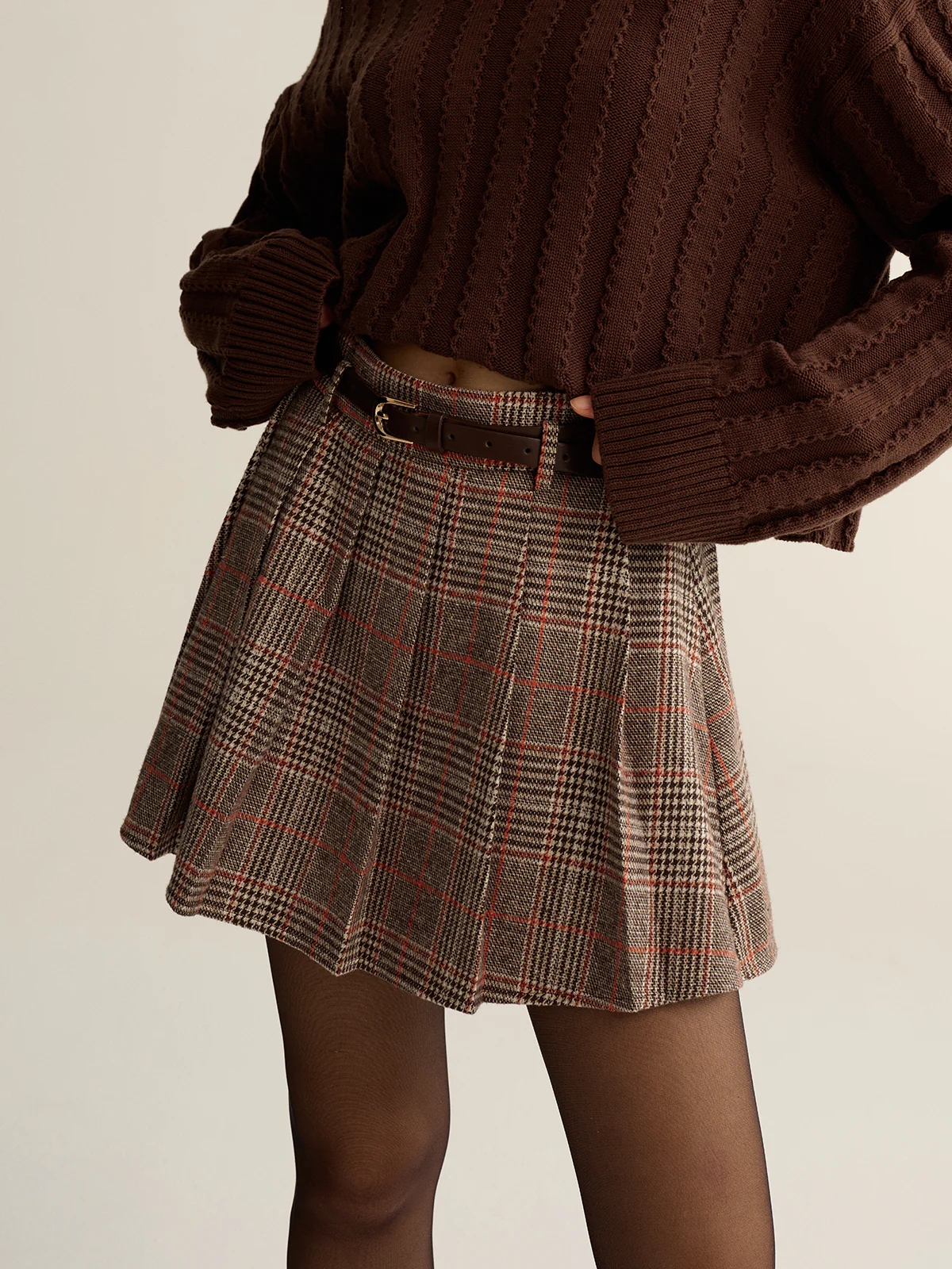 Belted Plaid Tweed Mini Skirt