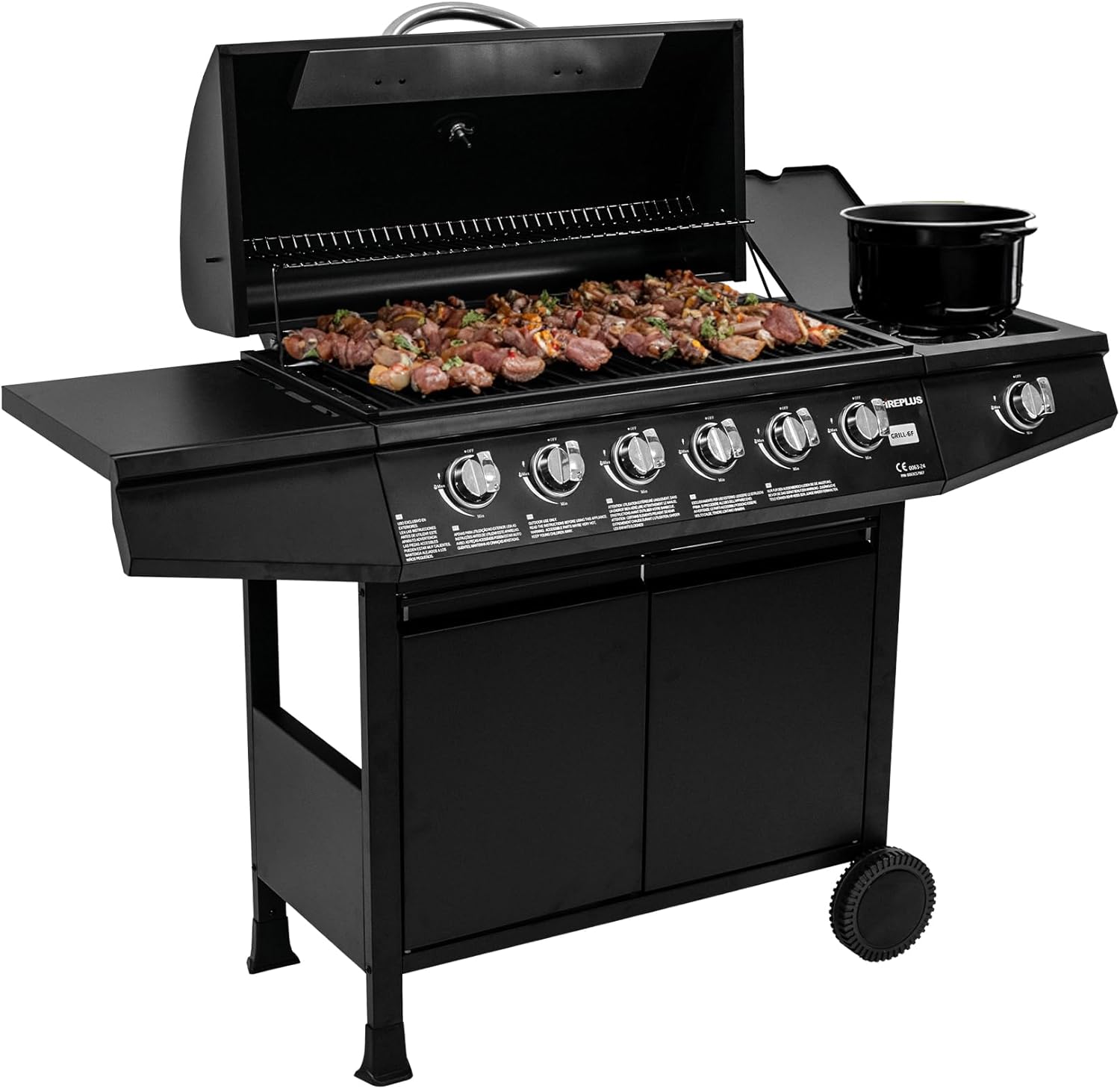 Barbacoa de gas Fireplus 6+1 de 12,9 kW - Acero inoxidable Negro - Parrilla con ruedas Modelo GRILL-6F - Barbacoa XXL con carro y termómetro - 138x52x103 cm - 7 quemadores y Bandeja lateral