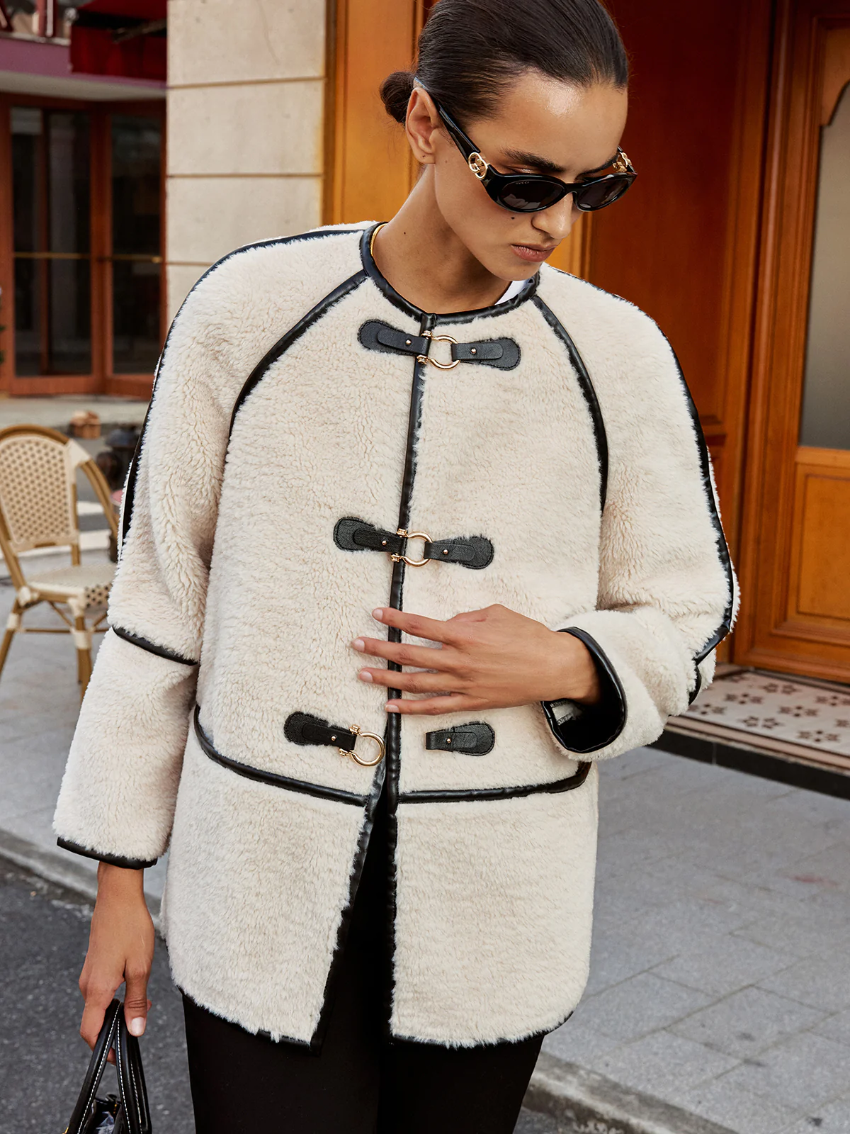 Buckle Detail Contrast Trim Faux Fur Coat