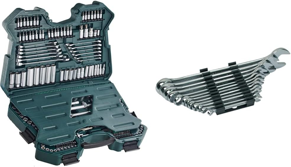 Mannesmann M98430 - Maletín con llaves de vaso y otras herramientas (215 piezas, tamaño: 12x36x51 cm), Color Verde Mannesmann