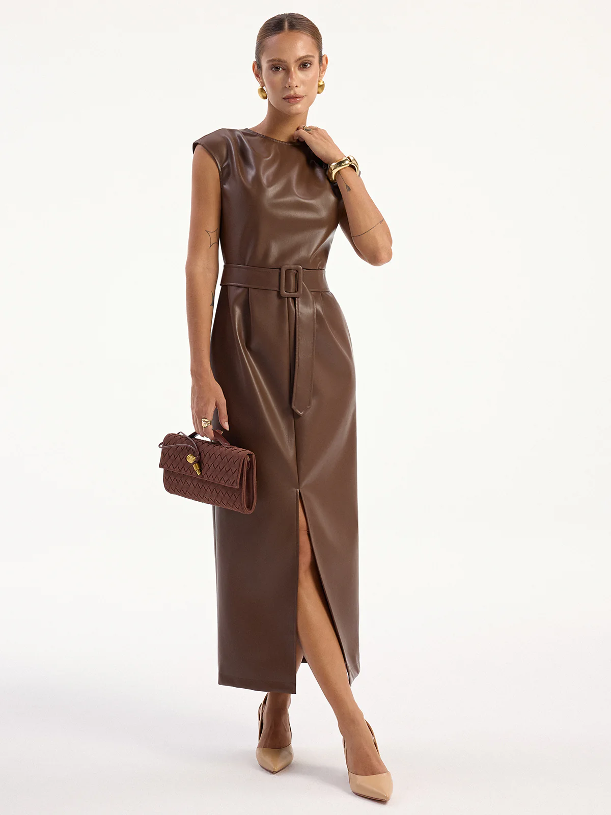 PU Leather Sleeveless Belted Midi Dress
