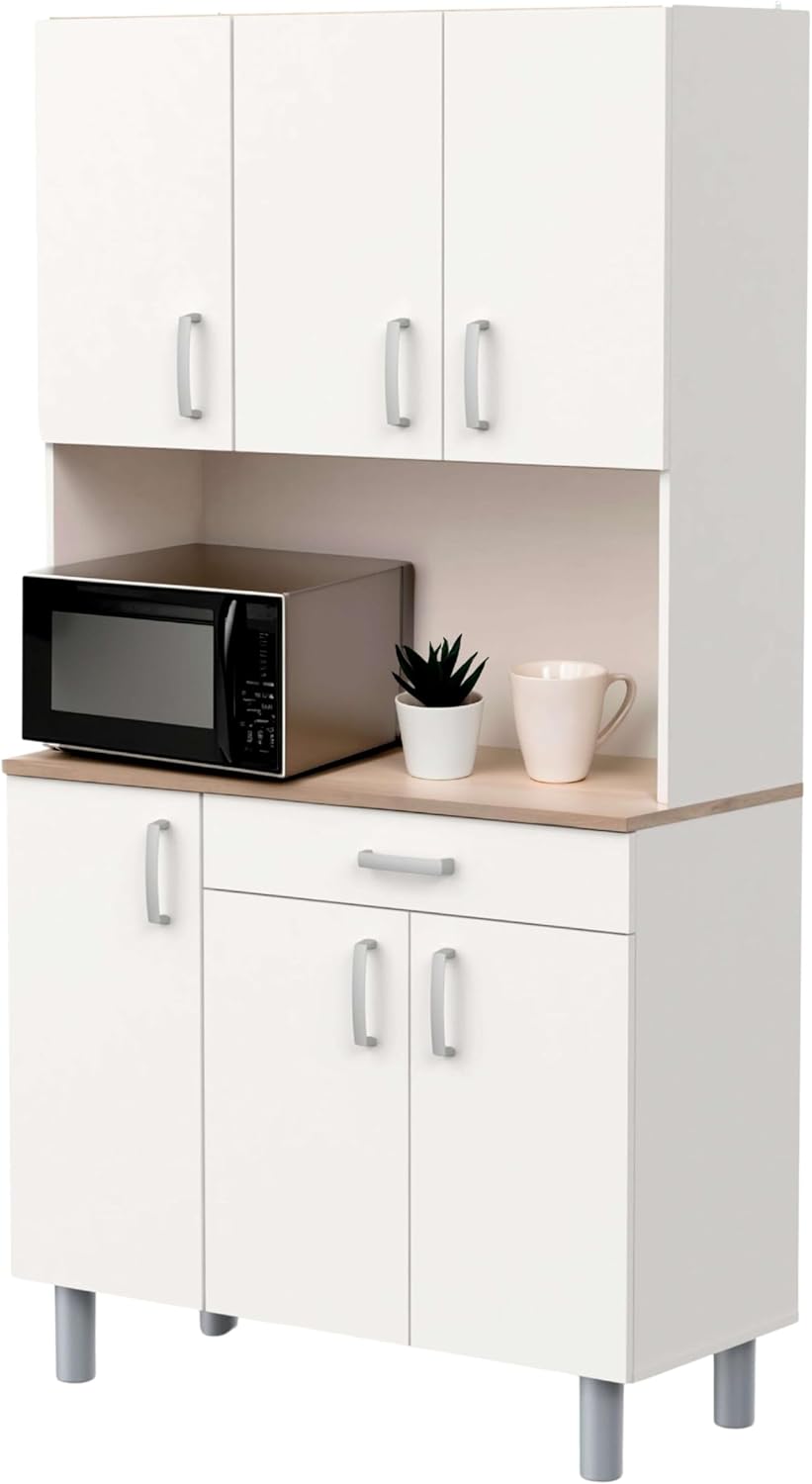 Miroytengo Kitchen Side Cabinet, Kitchen Cabinet, Buffet Kitchen Cupboard 6 Doors White and Oak Kronberg 101 x 185 cm