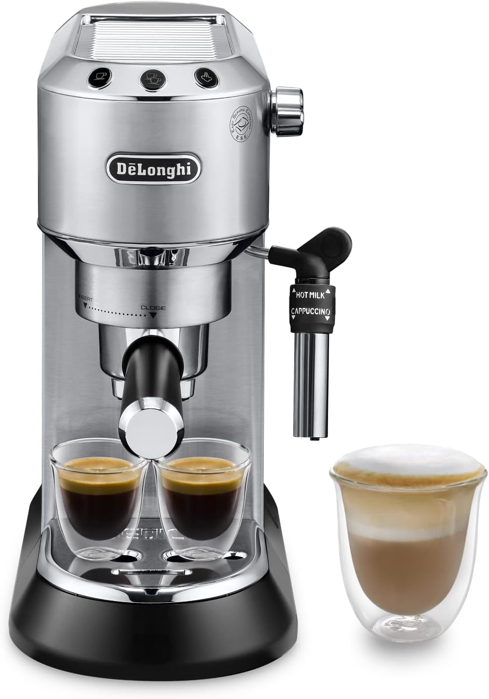 De'Longhi Dedica – Cafetera de Bomba de Acero Inoxidable para Café Molido o Monodosis, Espresso y Capuchino, Depósito de 1.3 Litros, Sistema Antigoteo, Modelo EC685.M, Color Metal
