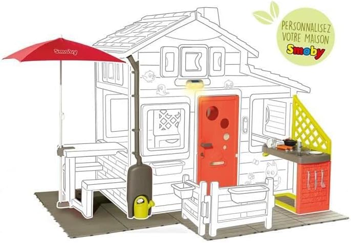 Smoby Life - Casa de Juegos Friends House EVO con 2 Puertas, 6 Ventanas y Mesa de Picnic Extraíble – Fabricada en Material Reciclado, Protección UV, para Niños a Partir de 3 Años (7600810208)