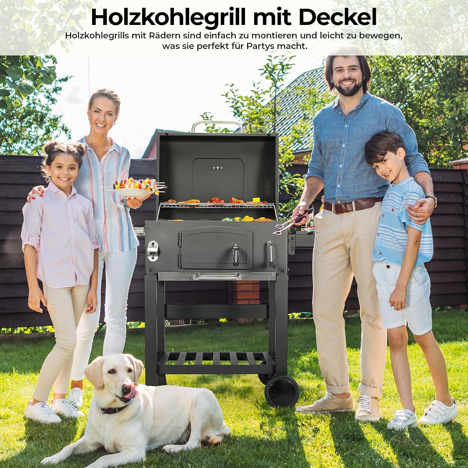 Barbacoa de Carbon XXL, Parrilla de Carbón con Chimenea y Tapa, Parrilla con Carrito BBQ Smoker con Ruedas y Termómetro, Grande BBQ Carbon para Camping y Jardín