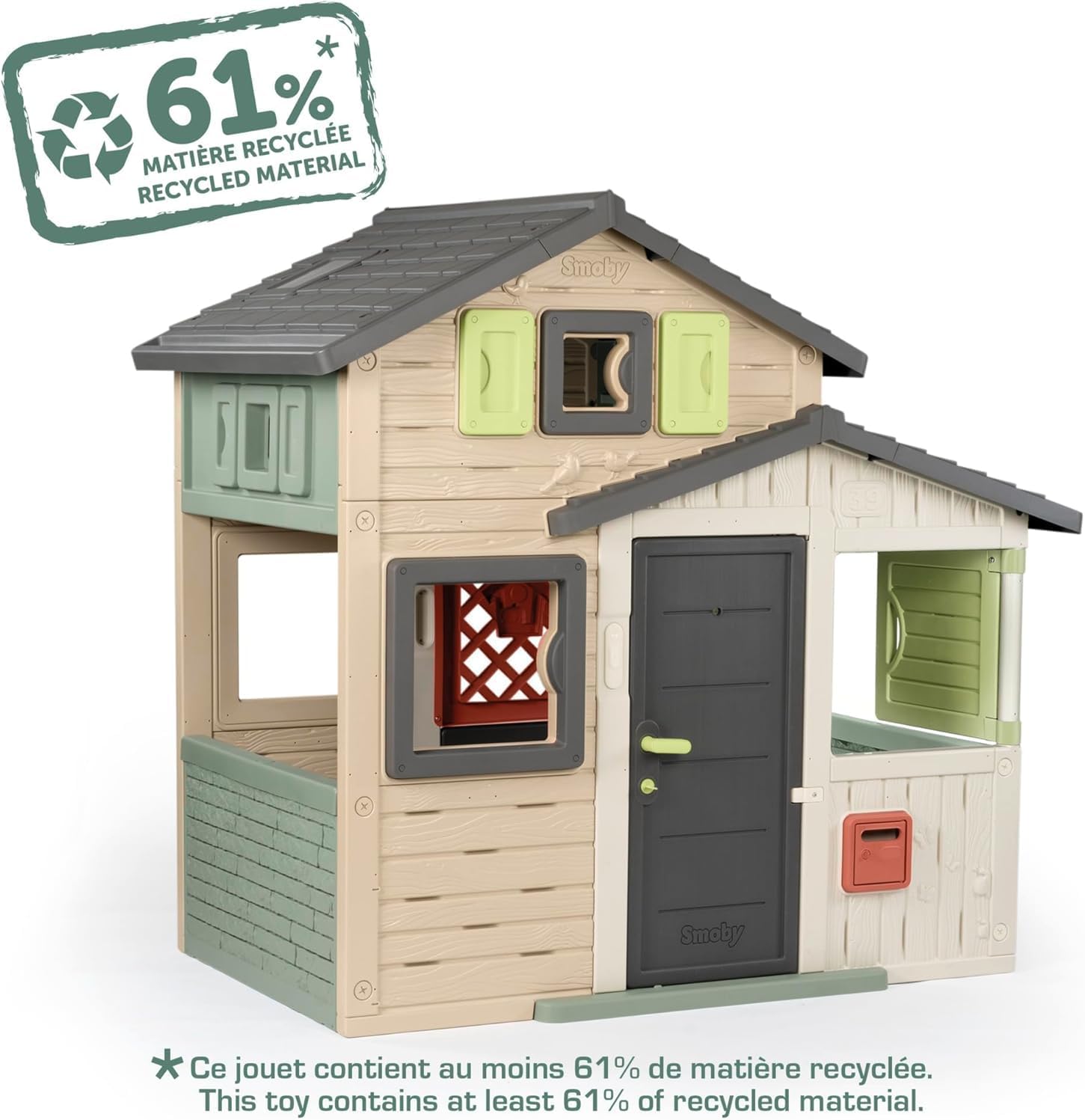 Smoby Life - Casa de Juegos Friends House EVO con 2 Puertas, 6 Ventanas y Mesa de Picnic Extraíble – Fabricada en Material Reciclado, Protección UV, para Niños a Partir de 3 Años (7600810208)