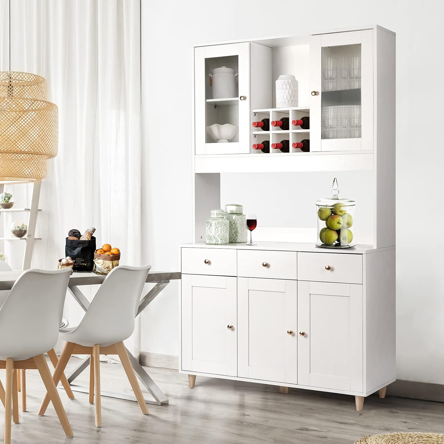 VOWNER Armario Aparador Cocina/Buffet, 100L x 38W x 181H cm, Mueble Auxiliar de Almacenaje, 5 Puertas y 5 Baldas Ajustables, Blanco