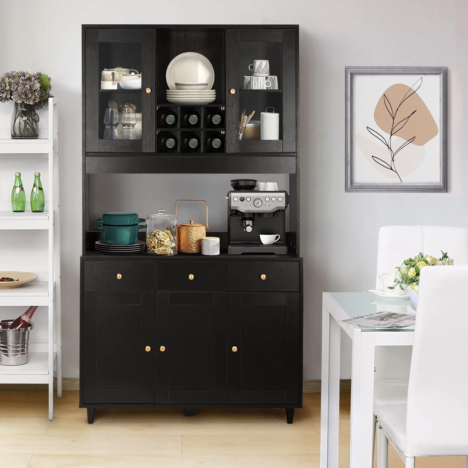 VOWNER Armario Aparador Cocina/Buffet, 100L x 38W x 181H cm, Mueble Auxiliar de Almacenaje, 5 Puertas y 5 Baldas Ajustables, Blanco