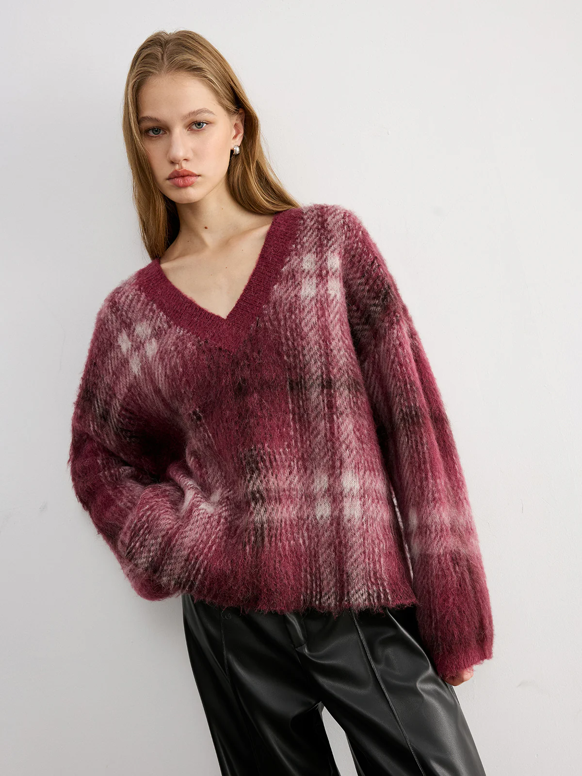 Plaid V-Neck Wool-Blend Sweater