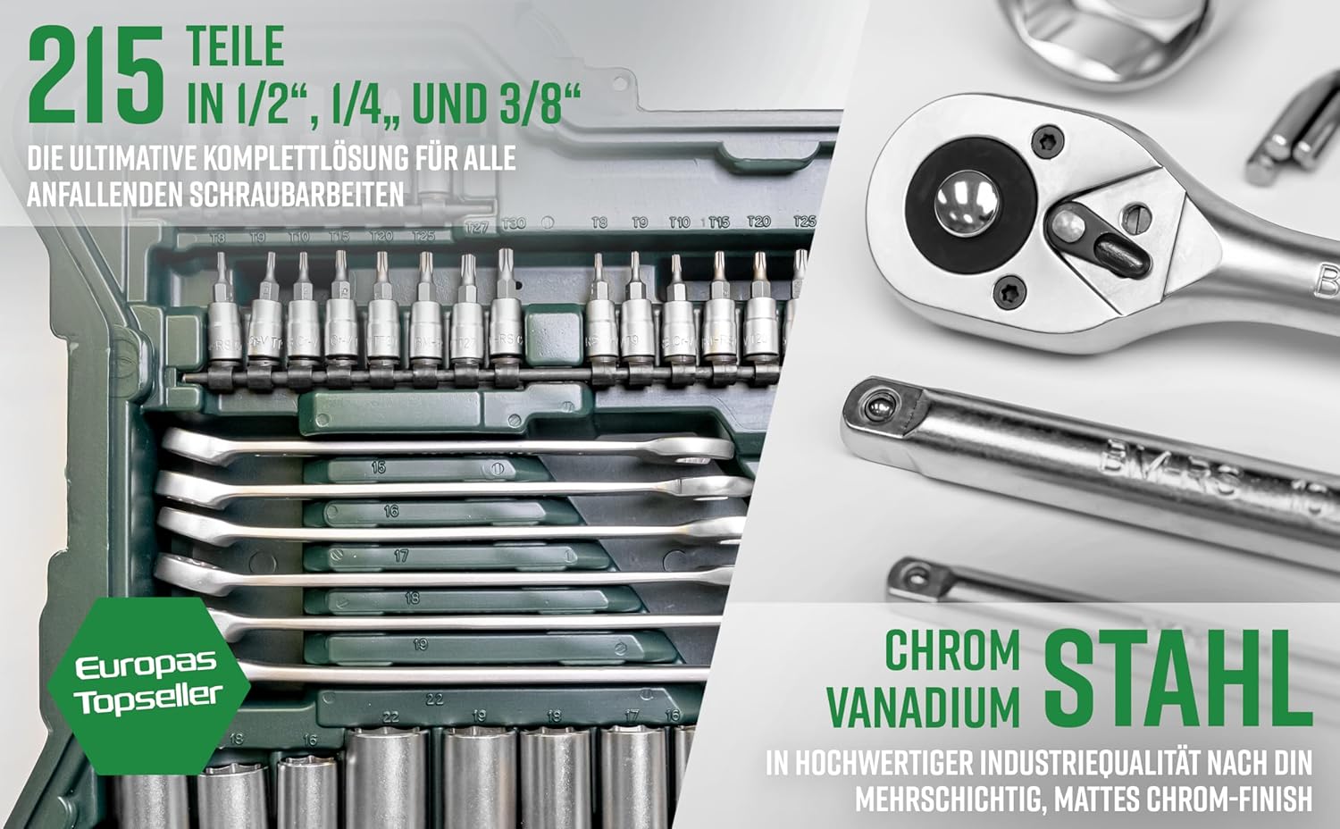 Mannesmann M98430 - Maletín con llaves de vaso y otras herramientas (215 piezas, tamaño: 12x36x51 cm), Color Verde Mannesmann