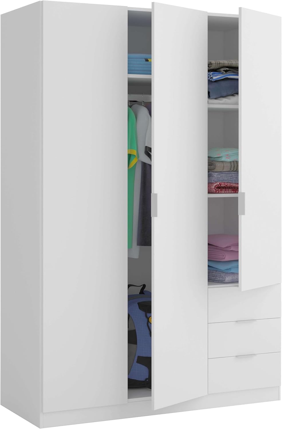 Habitdesign Three Door and Three Drawer Wardrobe Closet, Artic White Finish, Measurements: 121 cm (W) x 180 cm (H) x 52 cm (D)
