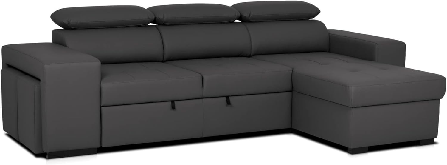BUDWING John Sofá Cama Esquinero 4 Plazas - Chaise Longue Reversible, Reposacabezas Ajustable y 2 Pufs – Tapizado en Poliuretano – Estilo Moderno – 263x161x96 cm – Negro