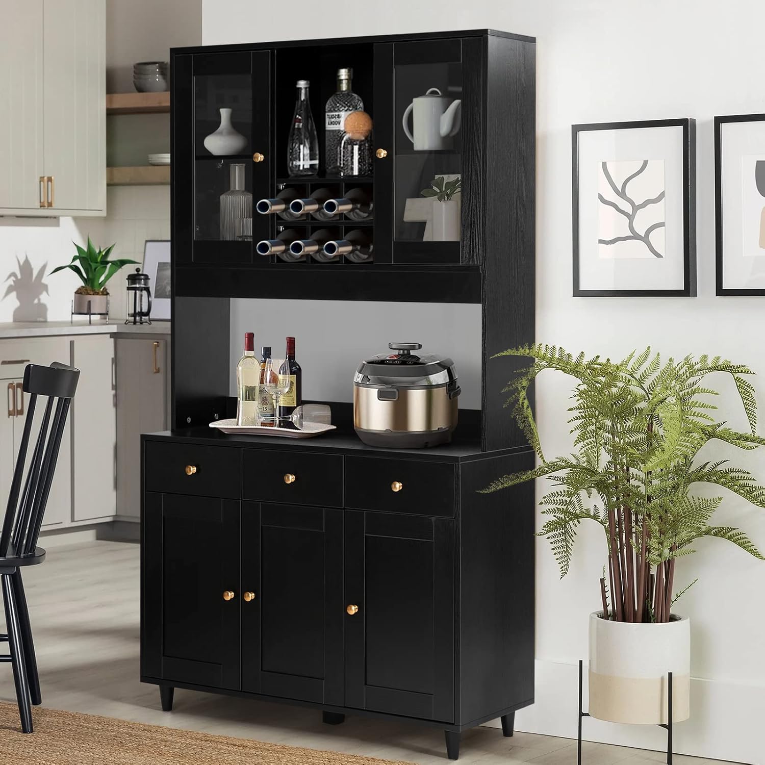 VOWNER Armario Aparador Cocina/Buffet, 100L x 38W x 181H cm, Mueble Auxiliar de Almacenaje, 5 Puertas y 5 Baldas Ajustables, Blanco