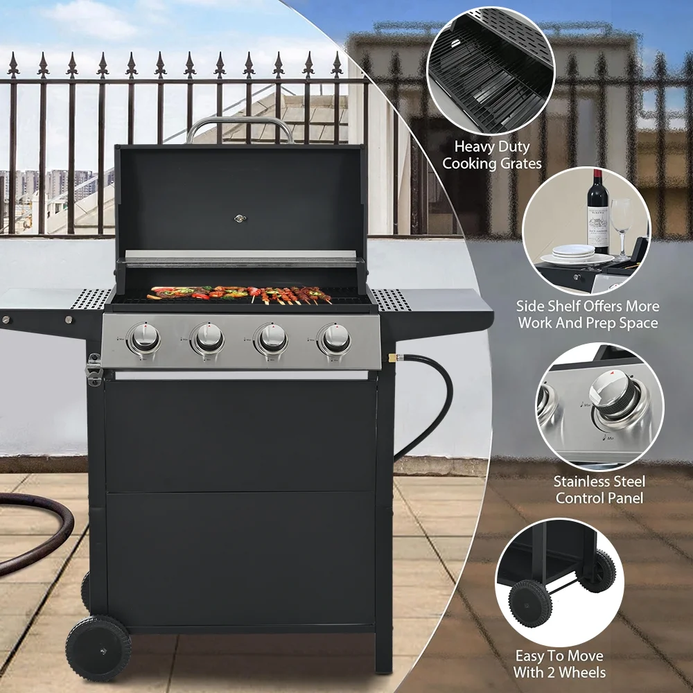 2025 Parrilla a gas SEGMART de 4 quemadores de acero inoxidable – 34,200 BTU, barbacoa para jardín/patio con dos estantes plegables y termómetro, ideal para camping y cocina al aire libre