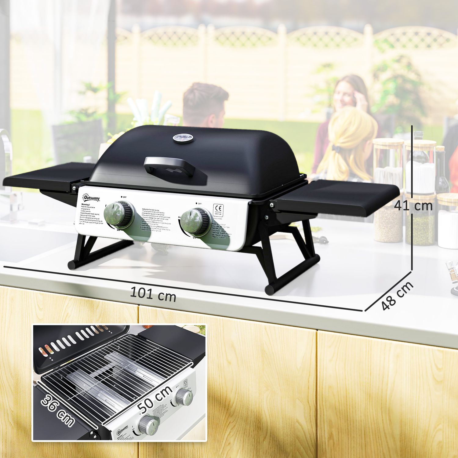 Barbacoa De Gas De Acero Inoxidable Abs Outsunny-101x48x41 Cm. Negro