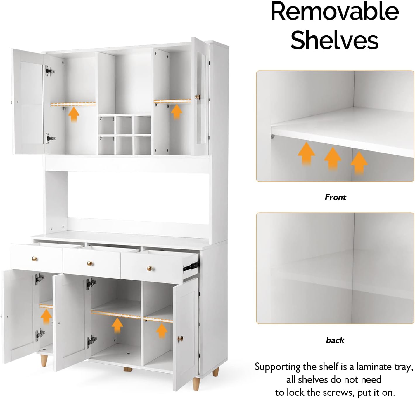 VOWNER Armario Aparador Cocina/Buffet, 100L x 38W x 181H cm, Mueble Auxiliar de Almacenaje, 5 Puertas y 5 Baldas Ajustables, Blanco
