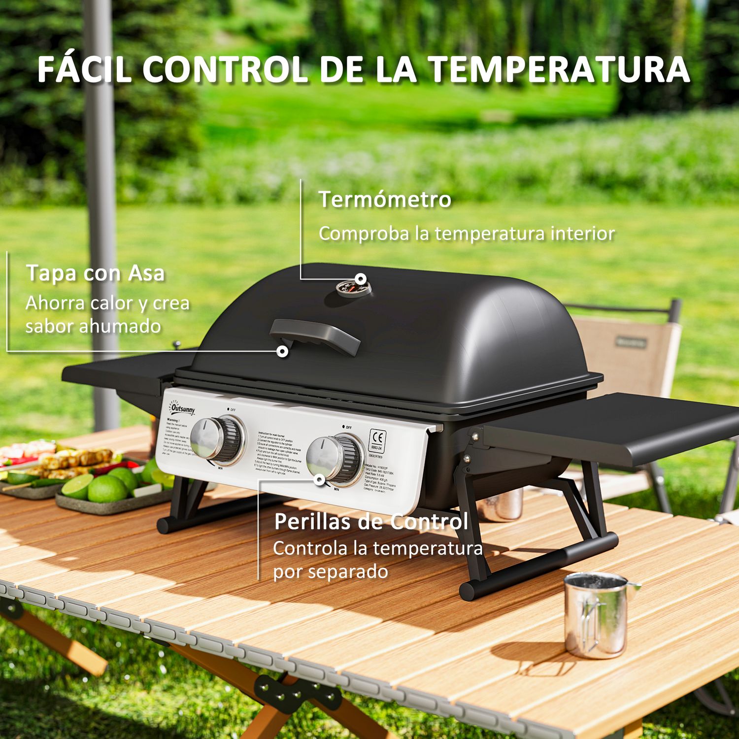 Barbacoa De Gas De Acero Inoxidable Abs Outsunny-101x48x41 Cm. Negro