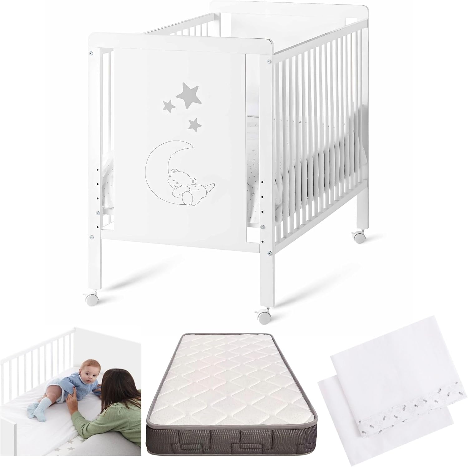 Cuna Colecho de Bebe, Kit para Unir la Cuna con la Cama, Colchón HR Morfeo Certificado Oeko-Tex® y CertiPUR, 4 Ruedas, Sábana Bajera y Encimera de Algodón Natural. Indi CoolDreams CoolDreams