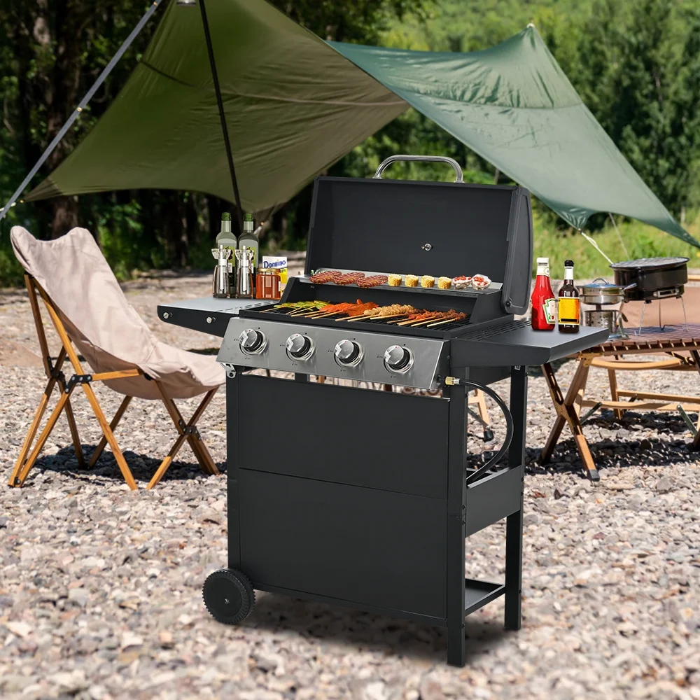 2025 Parrilla a gas SEGMART de 4 quemadores de acero inoxidable – 34,200 BTU, barbacoa para jardín/patio con dos estantes plegables y termómetro, ideal para camping y cocina al aire libre