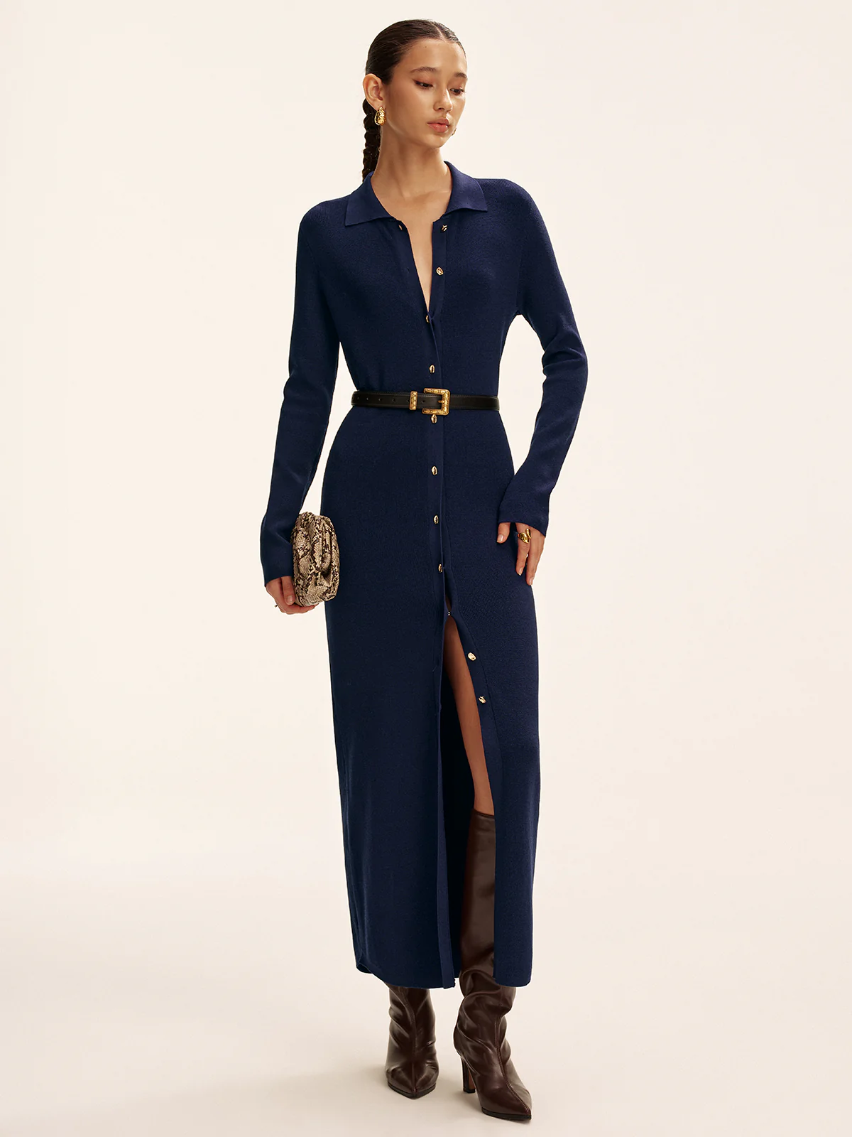 Long Sleeve Button Knit Maxi Dress without Belt