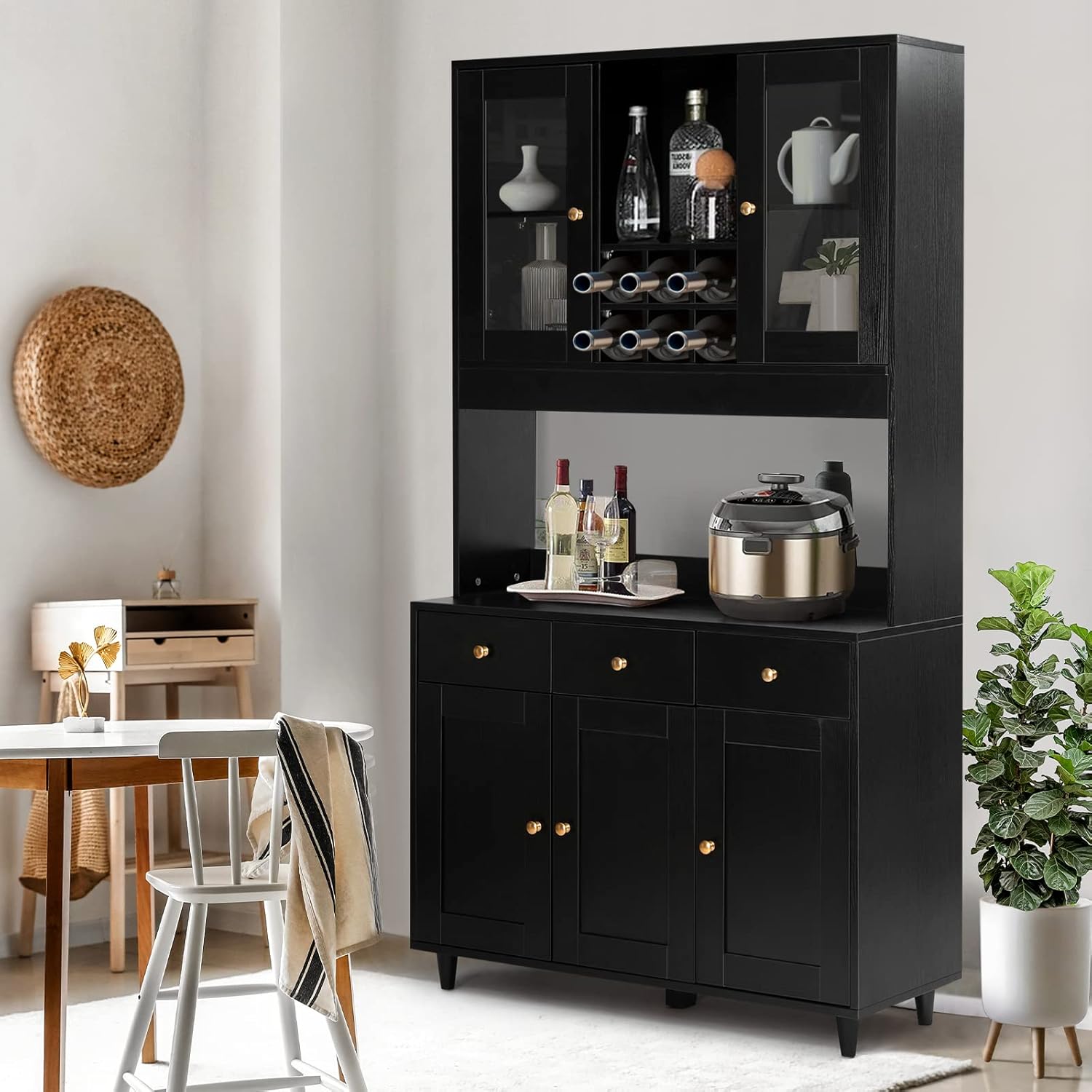 VOWNER Armario Aparador Cocina/Buffet, 100L x 38W x 181H cm, Mueble Auxiliar de Almacenaje, 5 Puertas y 5 Baldas Ajustables, Blanco