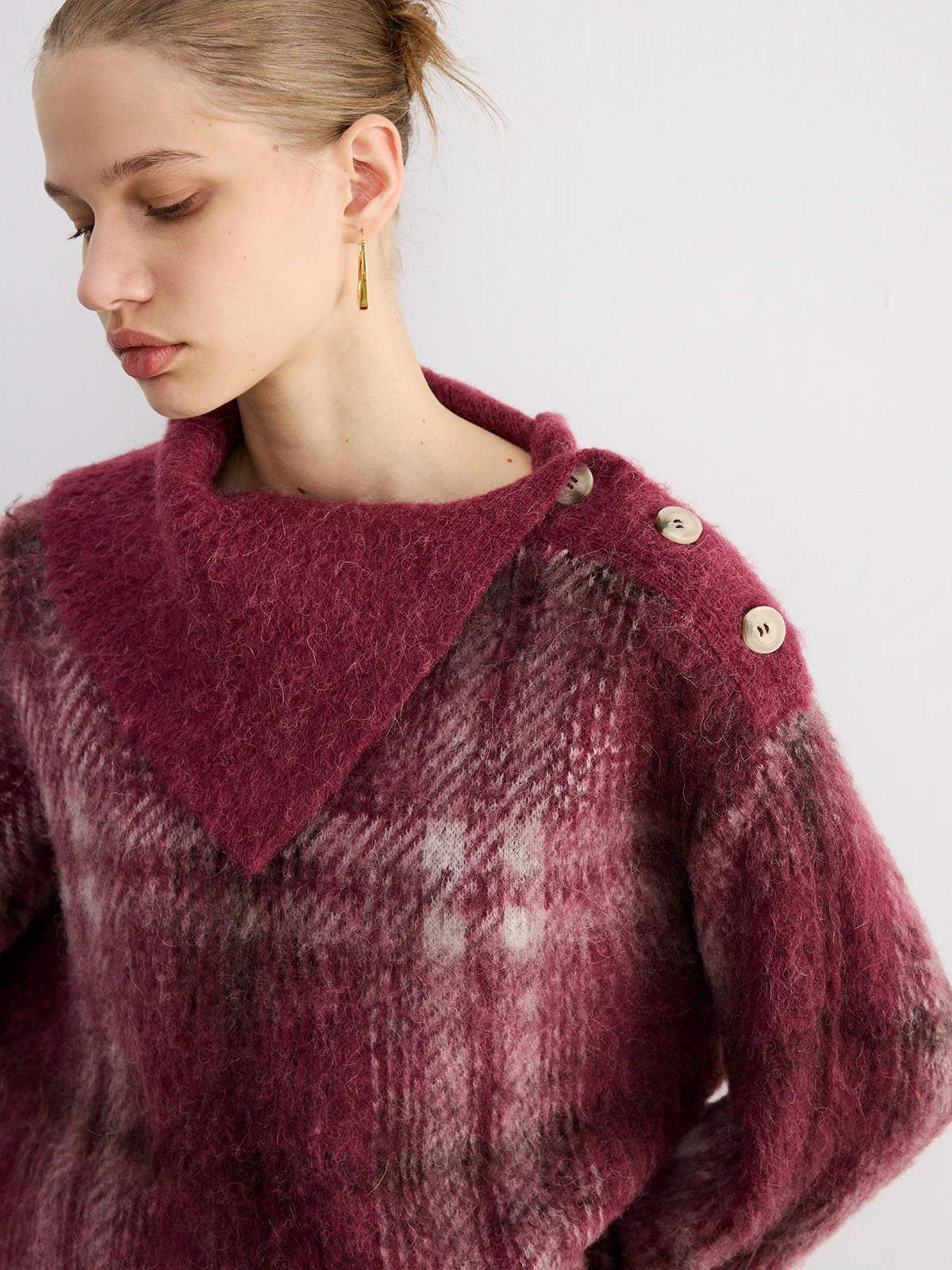 Wool Blend Plaid Asymmetric Collar Buttoned Sweater