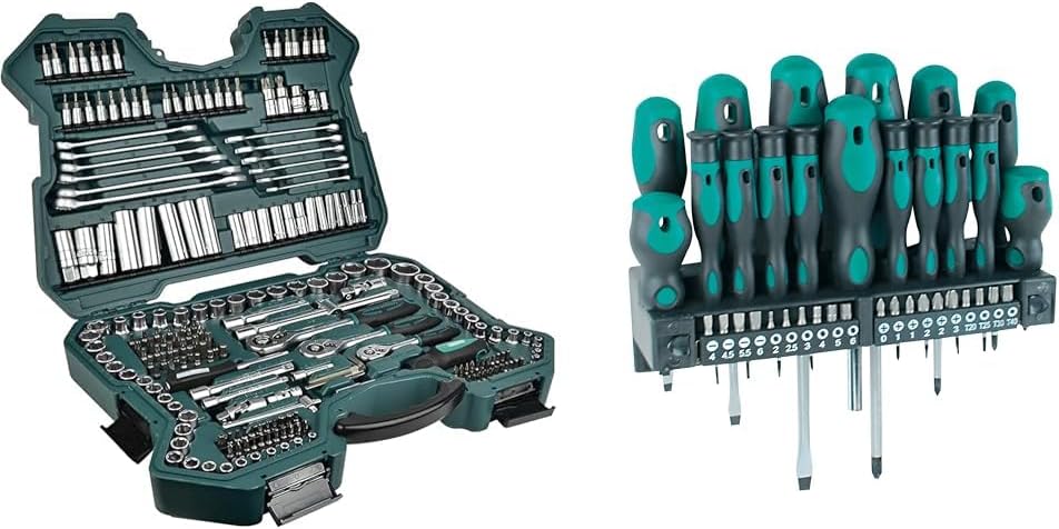 Mannesmann M98430 - Maletín con llaves de vaso y otras herramientas (215 piezas, tamaño: 12x36x51 cm), Color Verde Mannesmann