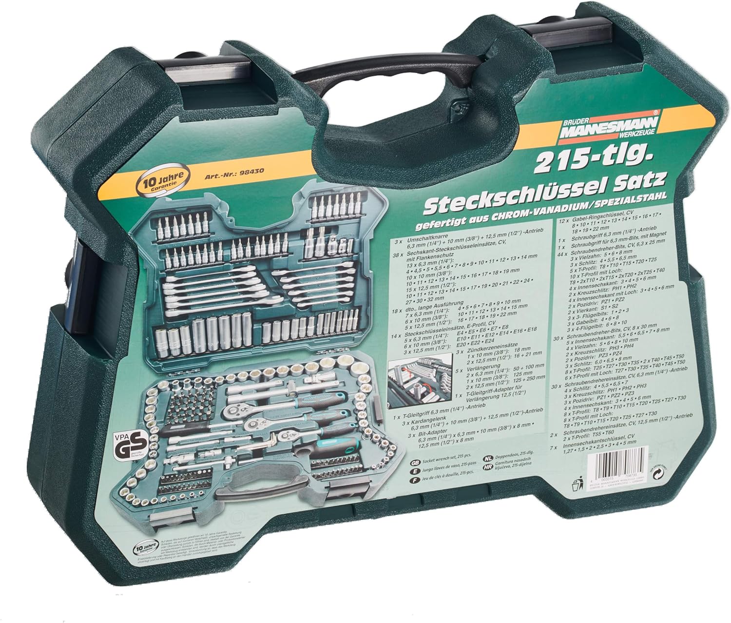 Mannesmann M98430 - Maletín con llaves de vaso y otras herramientas (215 piezas, tamaño: 12x36x51 cm), Color Verde Mannesmann