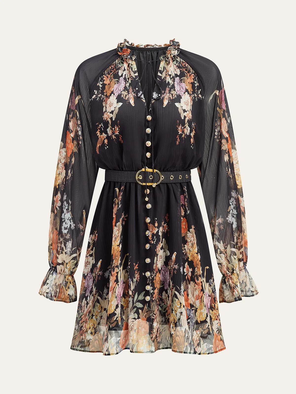 Semi-Sheer Chiffon Floral Print Belted Dress