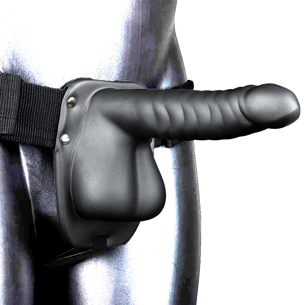 Ribbed 8 Inch Hollow Ballsy Strap-On in Gunmetal