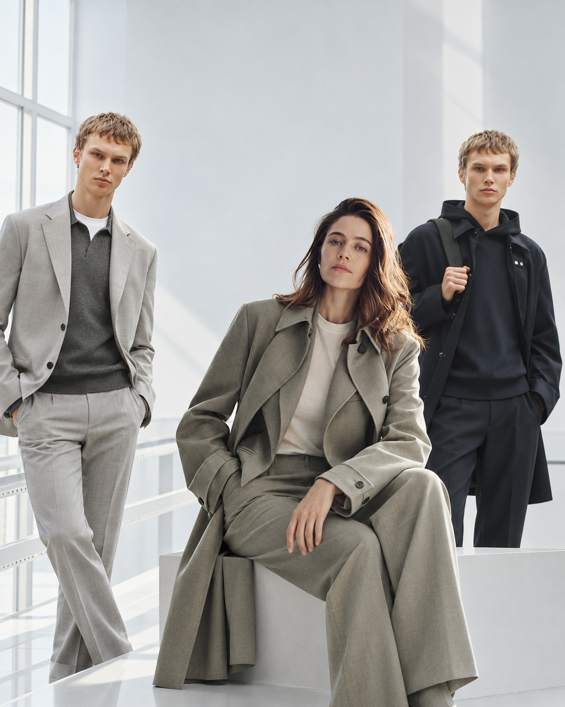 Theory Clothing modern tailoring for men and women, featuring a woman in a neutral tailored suit and two men in refined gray and black outfits.