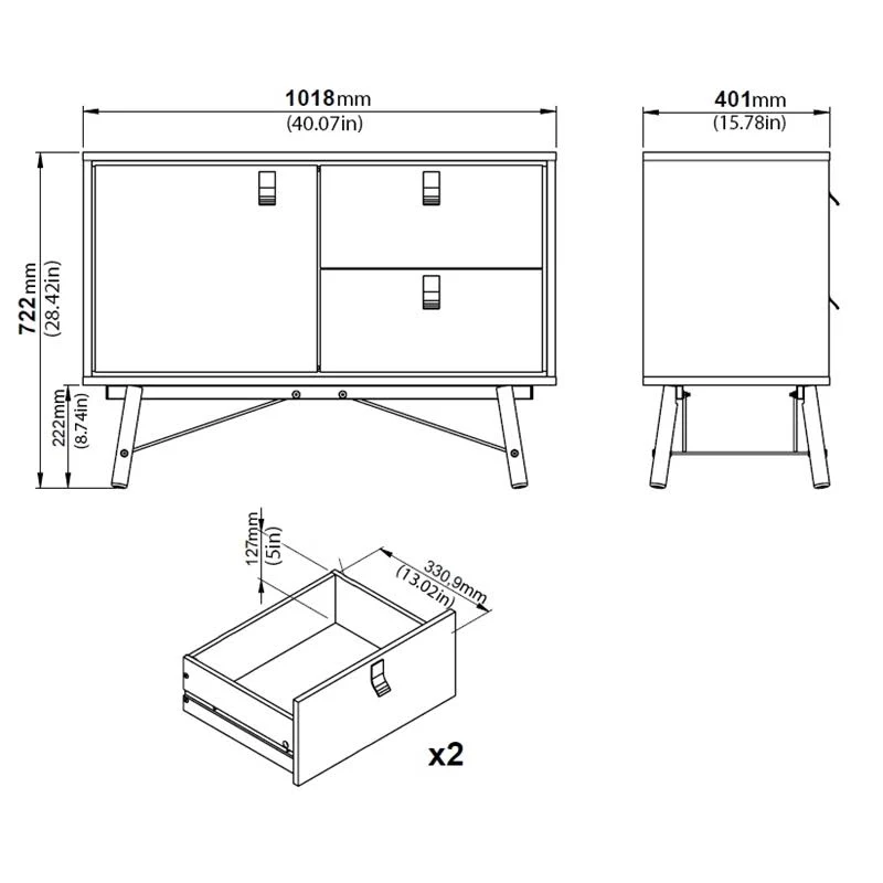 Tvilum Ry 1 DOOR, 2 Drawer Sideboard, White Matte/Black