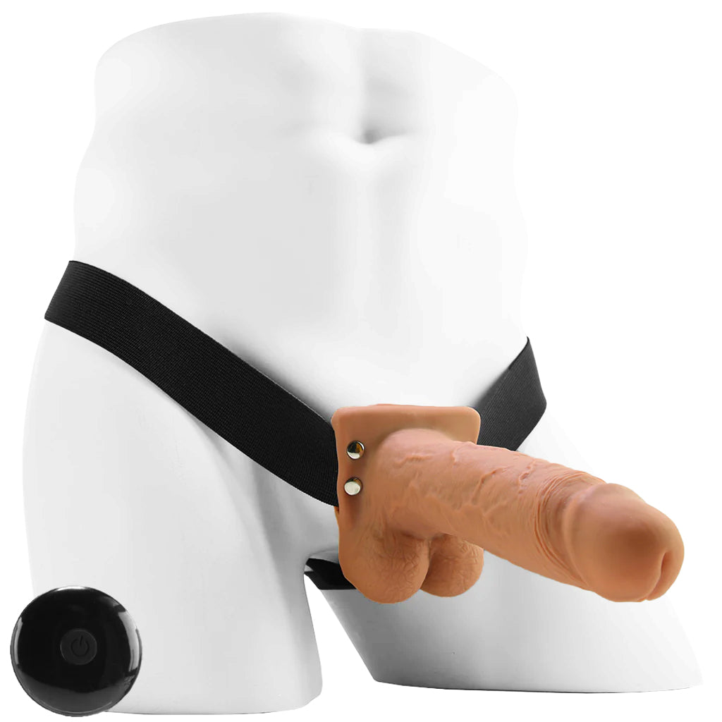Inch Hollow Vibrating Strap-On with Remote in Tan