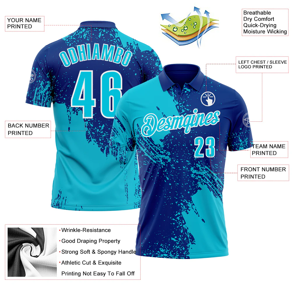 Custom Lakes Blue Royal-White 3D Pattern Design Abstract Brush Stroke Performance Polo Shirt