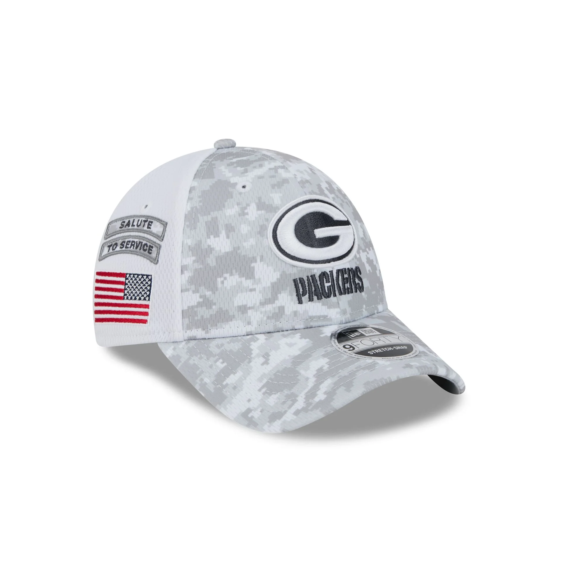 Green Bay Packers 2024 Salute to Service 9FORTY Stretch-Snap Hat