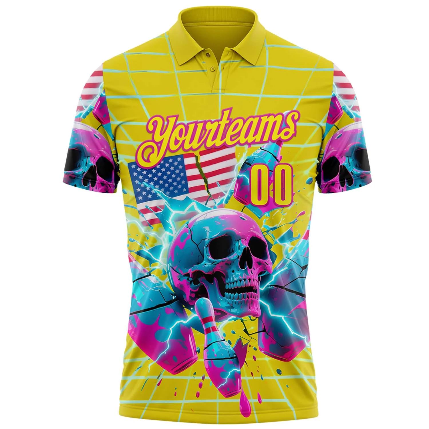 Custom Gold Light Yellow-Deep Pink 3D American Flag Splash Lightning Skull Bowling Performance Polo Shirt