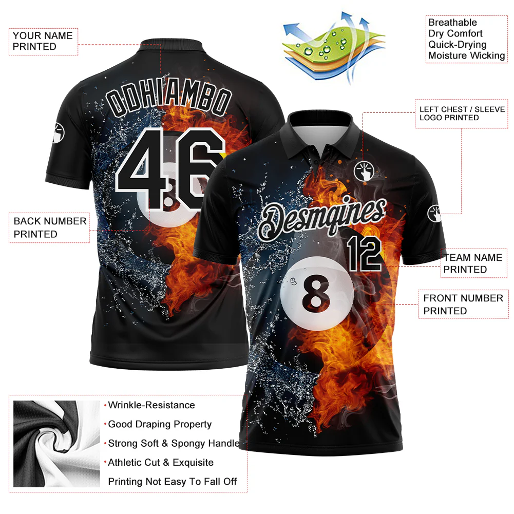 Custom Black White 3D Pattern Design Flame Billiards 8 Ball Performance Polo Shirt