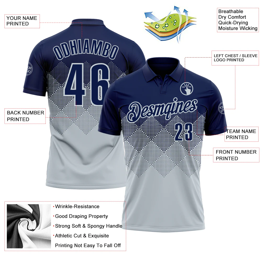 Custom Navy Silver 3D Gradient Square Shape Performance Polo Shirt