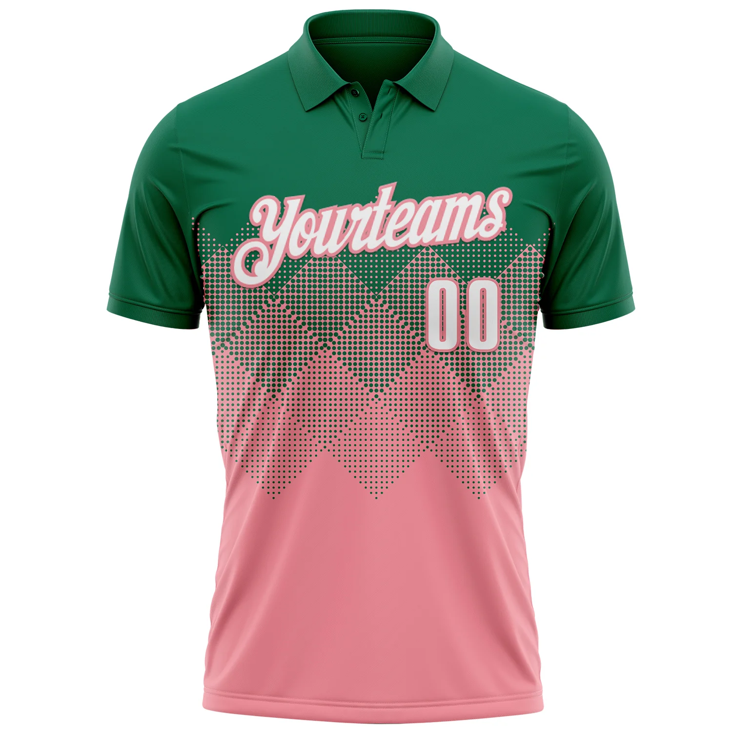 Custom Kelly Green White-Medium Pink 3D Gradient Square Shape Performance Polo Shirt