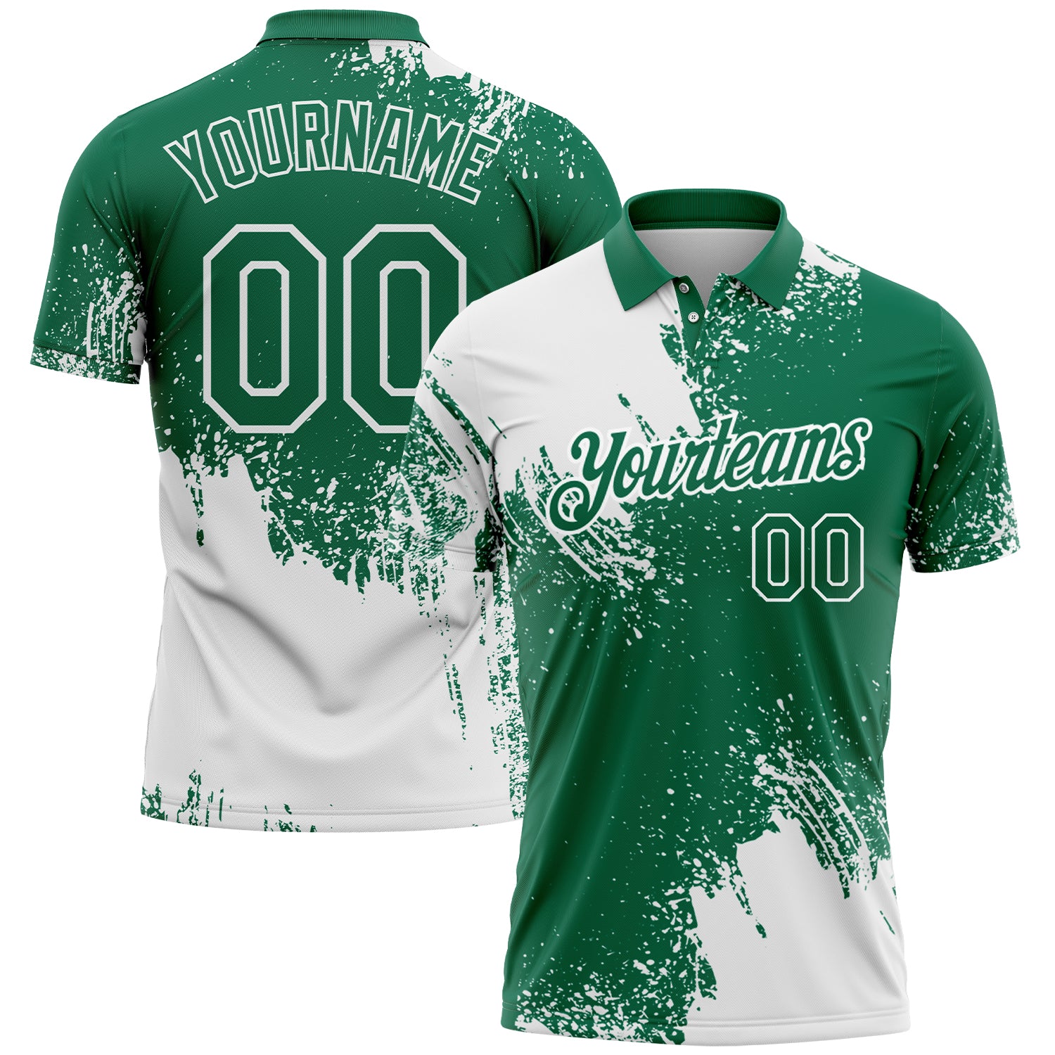 Custom White Kelly Green 3D Pattern Design Abstract Brush Stroke Performance Polo Shirt