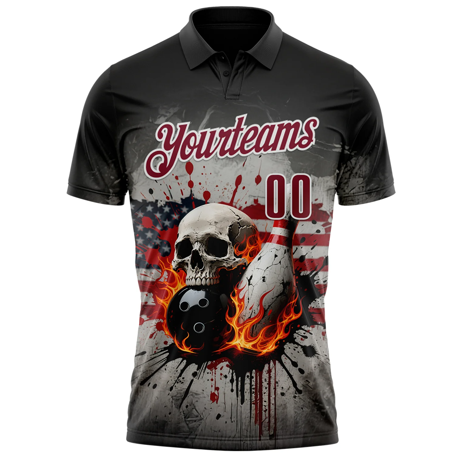 Custom Black Crimson-White 3D American Flag Splash Flame Skull Bowling Performance Polo Shirt