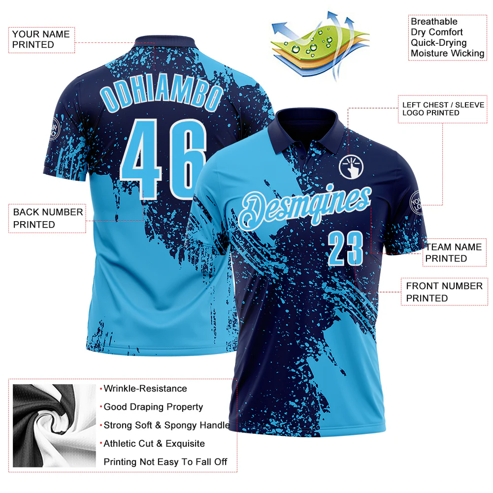Custom Sky Blue Navy-White 3D Pattern Design Abstract Brush Stroke Performance Polo Shirt
