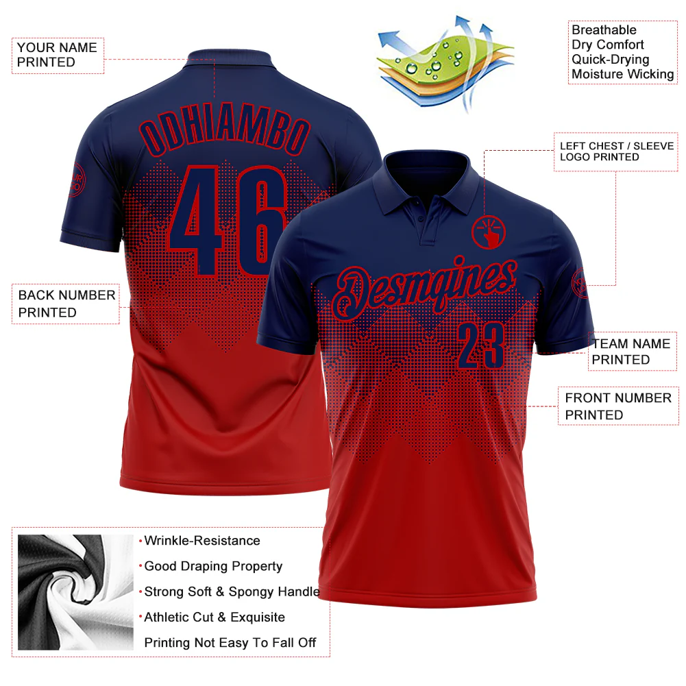 Custom Navy Red 3D Gradient Square Shape Performance Polo Shirt