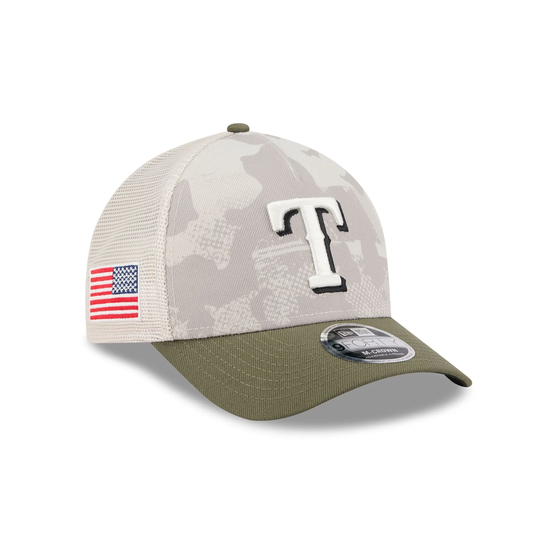 Texas Rangers Armed Forces Day 2025 9FORTY M-Crown A-Frame Trucker Hat