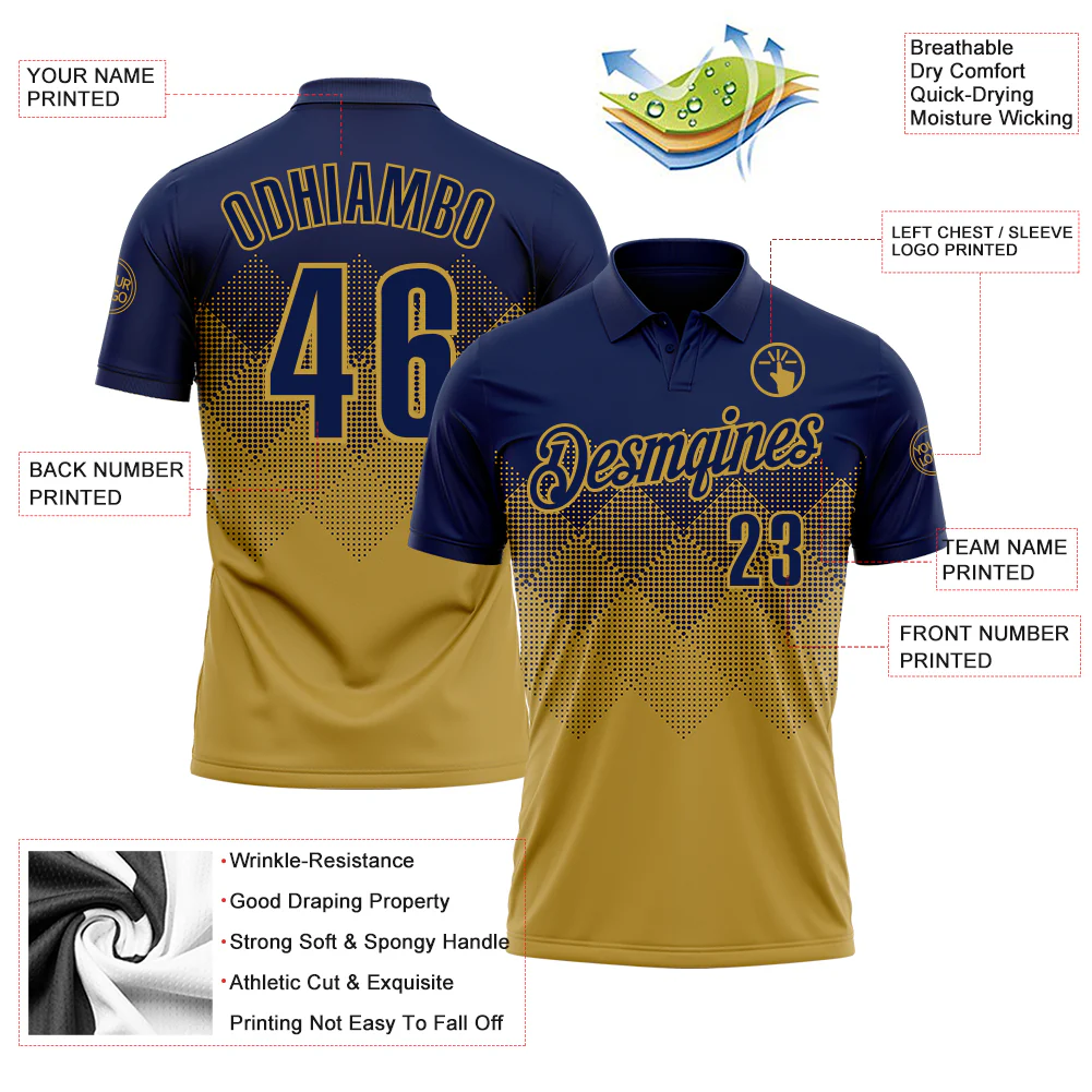 Custom Navy Old Gold 3D Gradient Square Shape Performance Polo Shirt