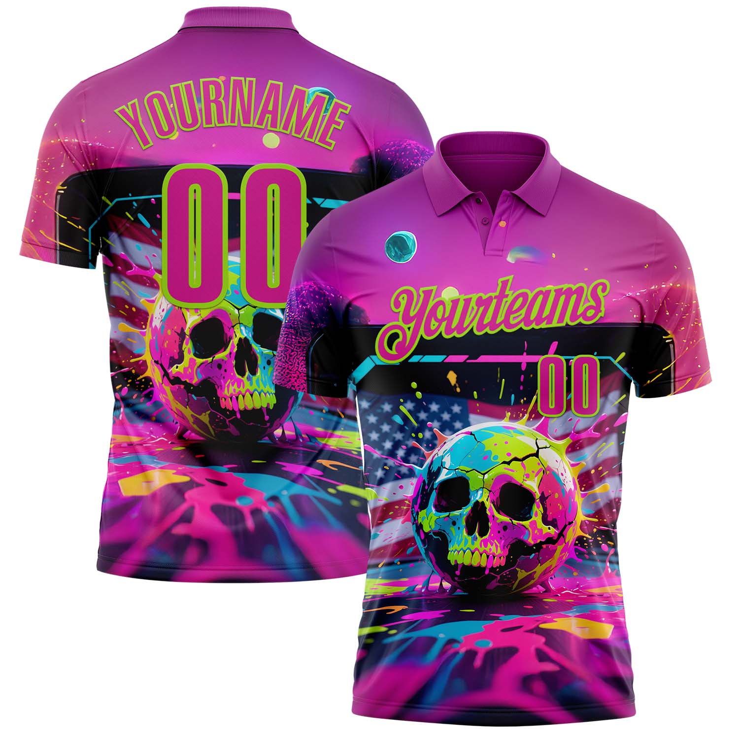 Custom Deep Pink Neon Green 3D American Flag Graffiti Splash Skull Bowling Performance Polo Shirt