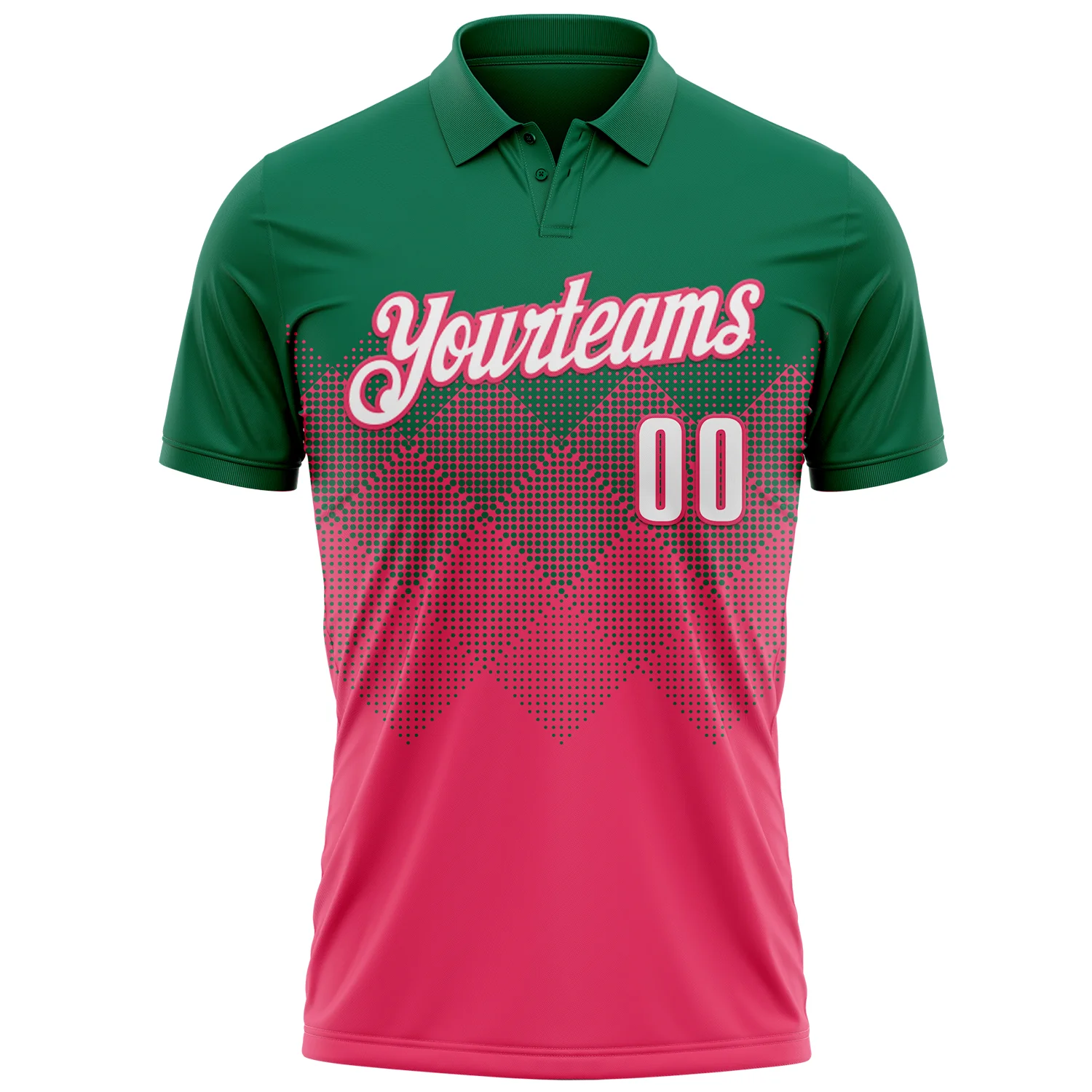 Custom Kelly Green White-Neon Pink 3D Gradient Square Shape Performance Polo Shirt