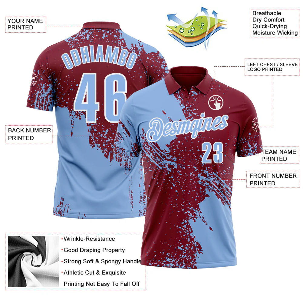 Custom Light Blue Crimson-White 3D Pattern Design Abstract Brush Stroke Performance Polo Shirt