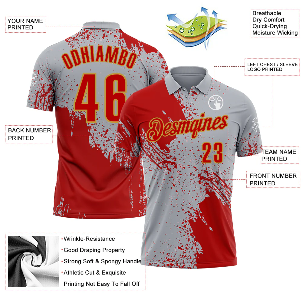 Custom Red Gray-Old Gold 3D Pattern Design Abstract Brush Stroke Performance Polo Shirt